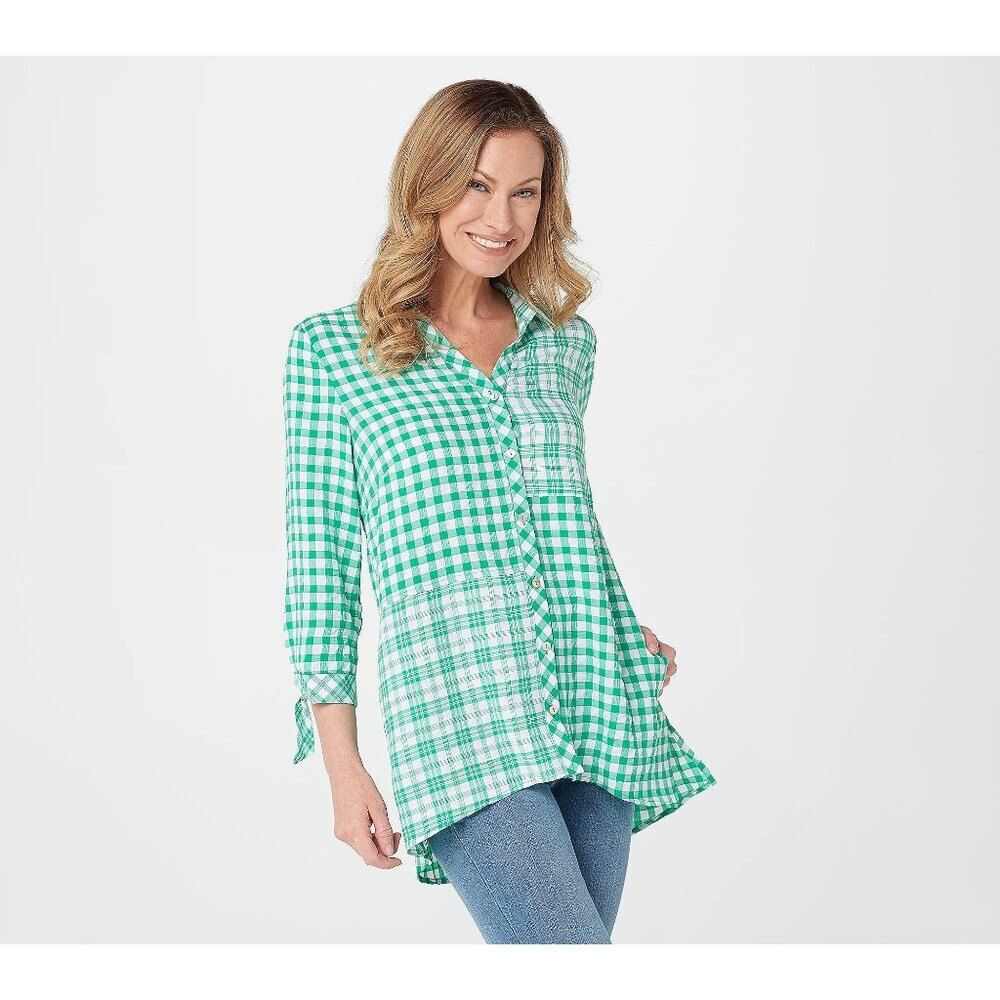 Susan Graver Pure Blue Sky Yarn Dyed Gingham Button Front Shirt Size XS